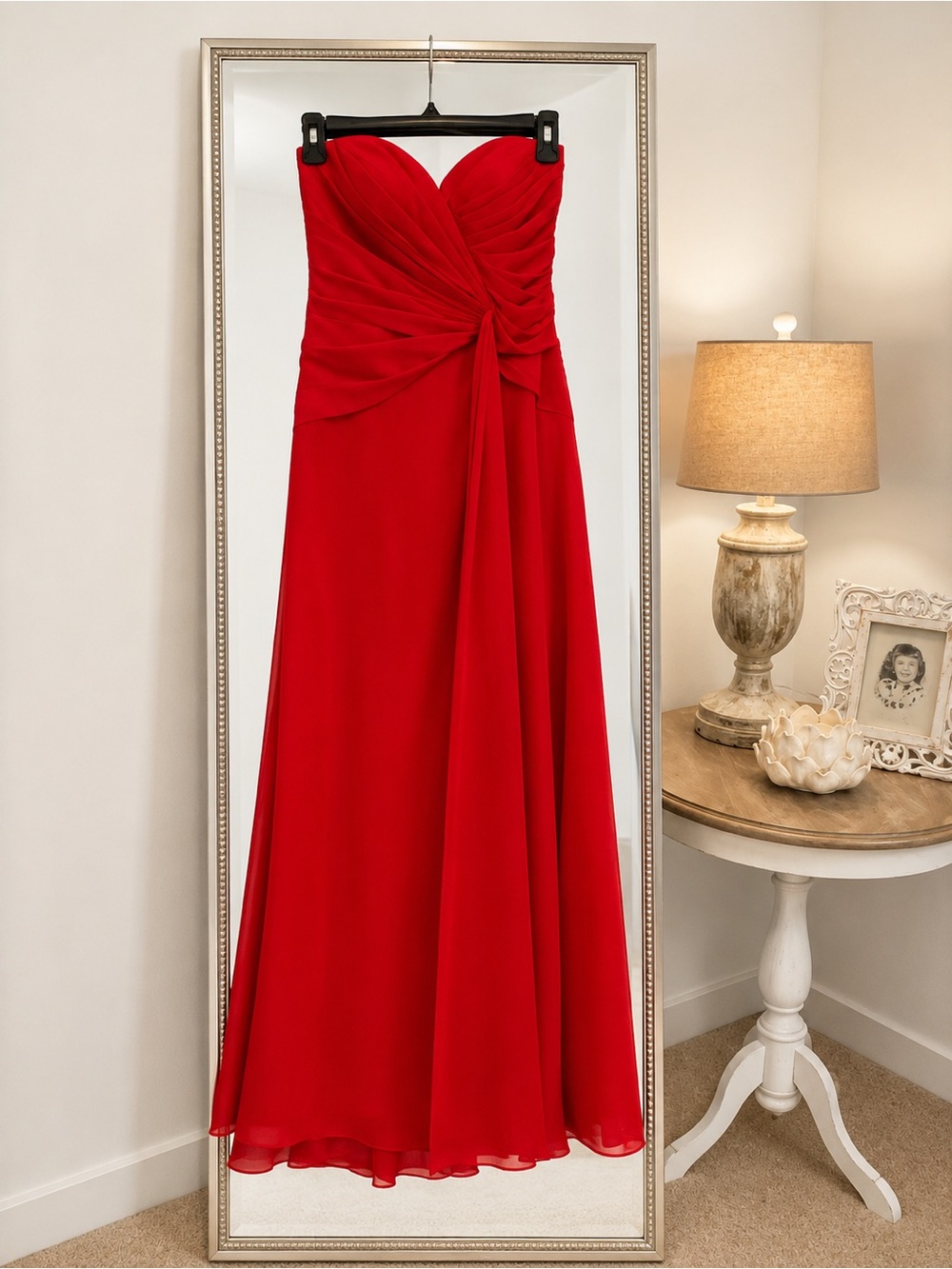 Faviana Strapless Red Prom Gown with Ruched Sweetheart Bodice